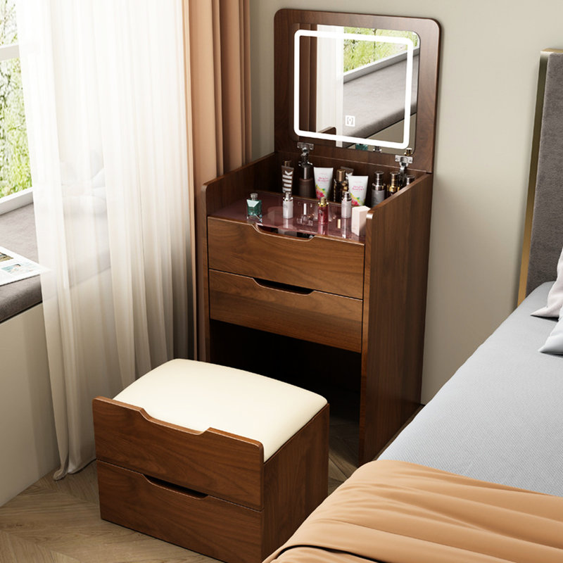 Practical Walnut Vanity Desk With Visible Storage And Comfortable Seat Elegant Table Spacious Drawer, Walnut