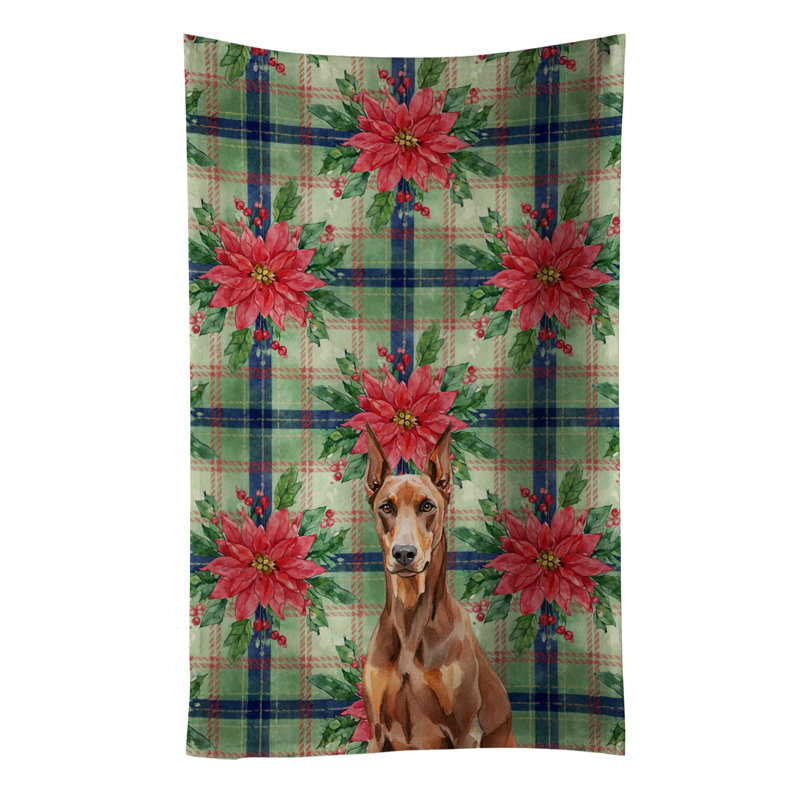 Red Doberman Pinscher Christmas PoinsettIas Kitchen Towel, Red Doberman Pinscher