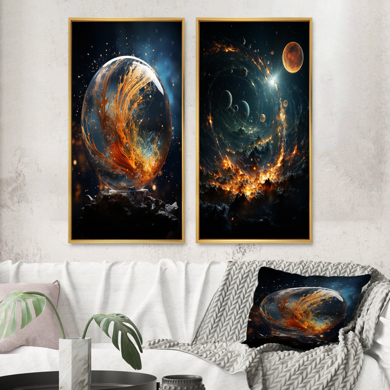 " Galaxies Planets " 2 - Pieces, Gold Framed, 40" H x 40" W