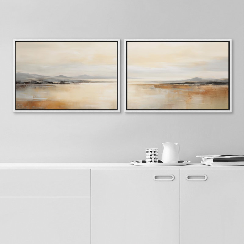 Minimal Landscape Calm Lake Waters and Distant Mountains Rustic 2 - Pièces, Cadre blanc, H 16 po x l 24 po