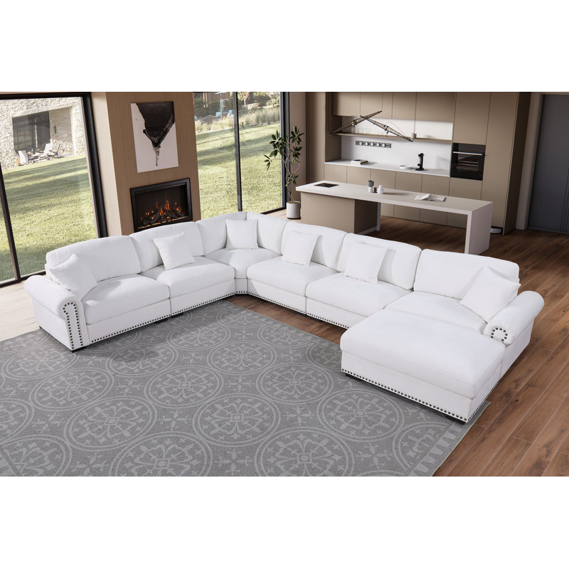 Errett Upholstered 7-Seats Cloud Corner Sectional Sofa, White Polyester