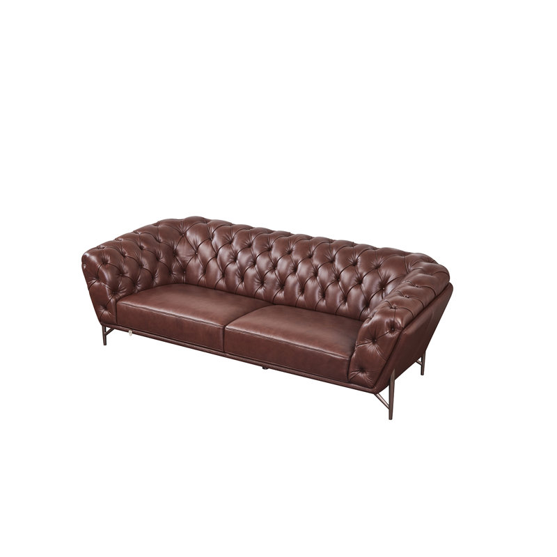 Canapé à accoudoirs roulés en cuir véritable 95 po, Cuir véritable brun