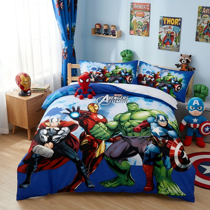 Ensemble de literie Marvel Avengers 4 pièces, cadeau idéal pour filles/garçons, enfants et adolescents, décoration de chambre, housse de couette en polyester, tailles Twin XL et Full.