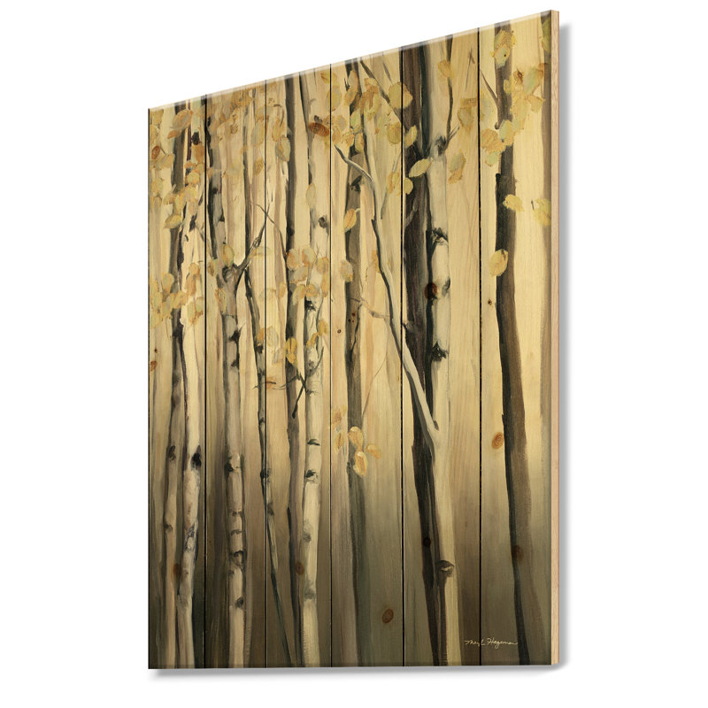 Golden Birch Forest IV - reproduction de chalet sur bois de pin naturel, H 20 po x l 12 po x P 1po