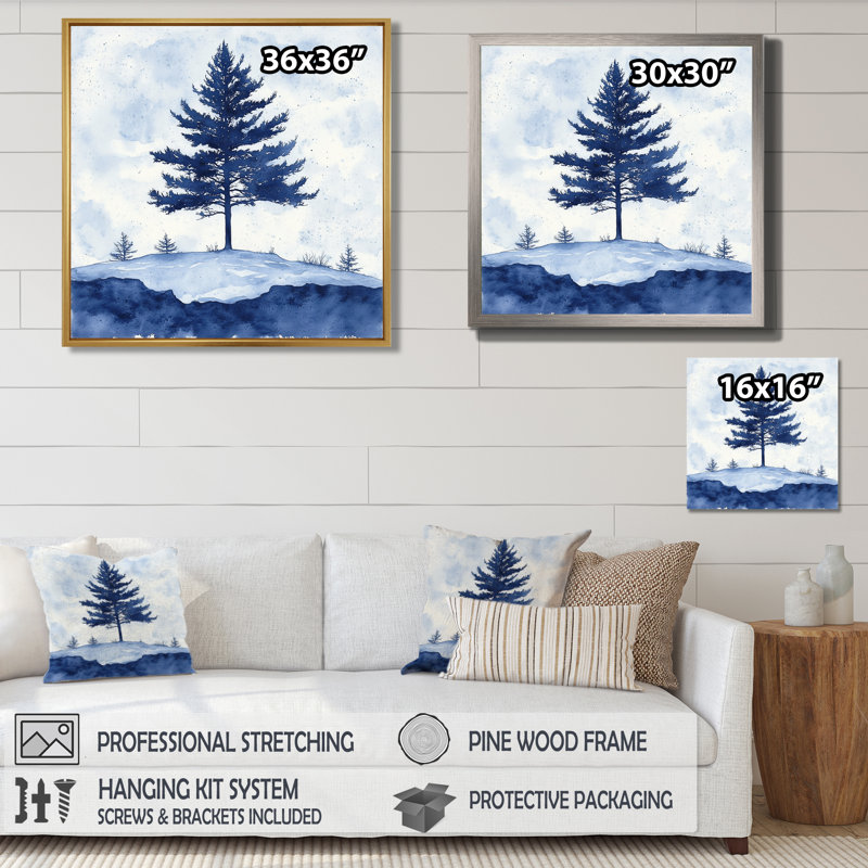 Silhouette de pin bleu et blanc en hiver - Tableau encadré, H 24 po x l 24 po, Cadre naturel