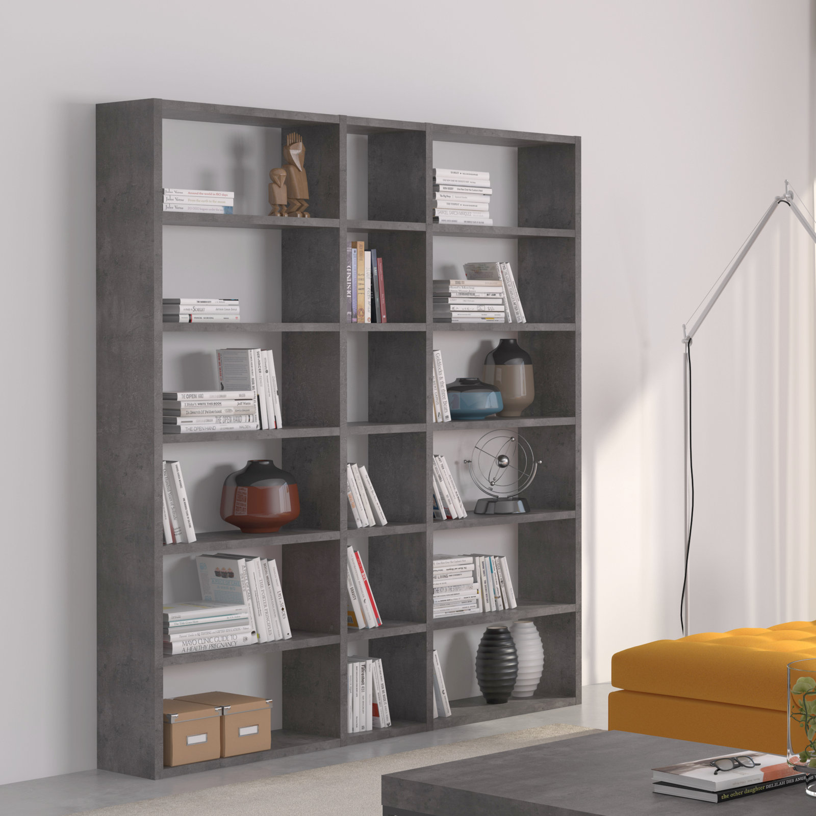 Araeya Wide Geometric Bookcase, Concrete