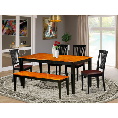 6 Piece Dining Table Set Contains a Rectangle Dining Room Table with Butterfly Leaf and 4 Faux Leather Chairs with a Bench, Black & Cherry