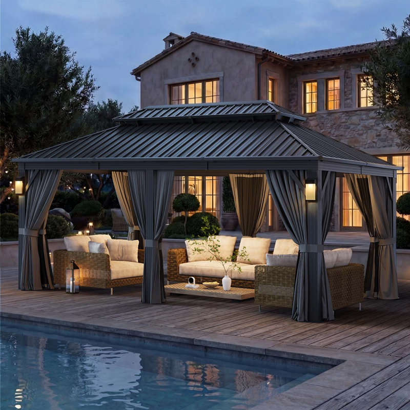 20 Ft. W x 12 Ft. D Hardtop Gazebo with Galvanized Steel Roof, Metal Frame & 4 LED Lights