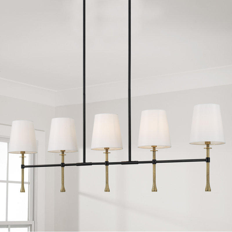 48" W x 18.75" H 5-Light Linear Chandelier in Matte Black with Textured Hammered Gold Tails and White Fabric Shades