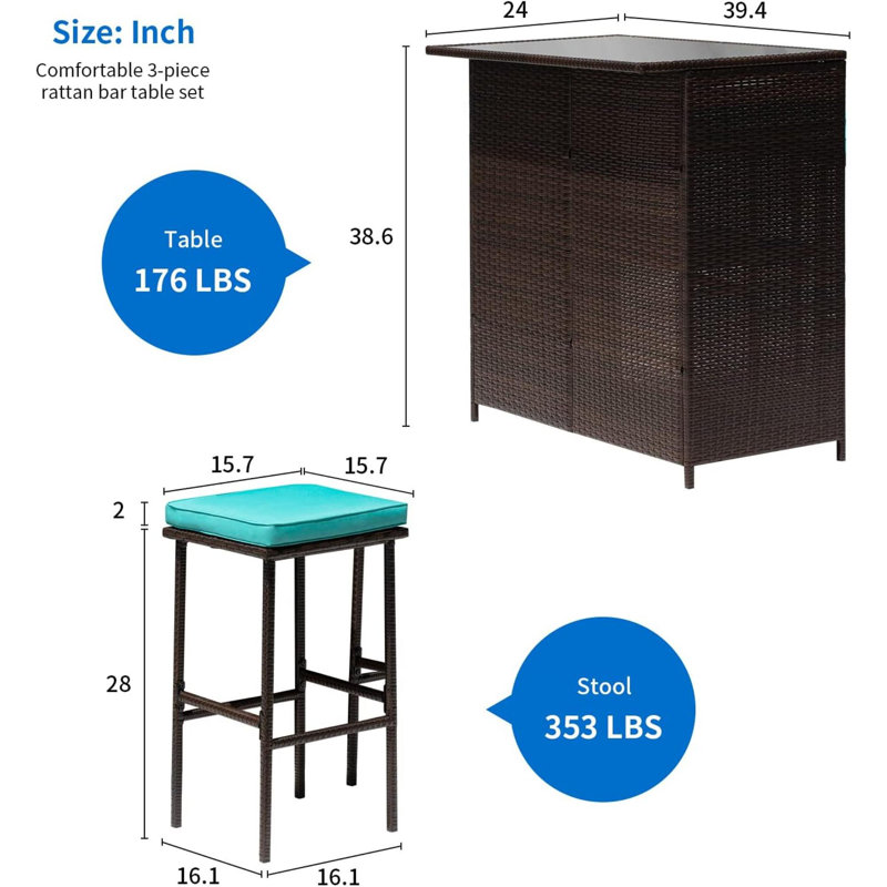 Ensemble de bar d'extérieur pour patio avec deux tabourets et table en verre brun, Bleu