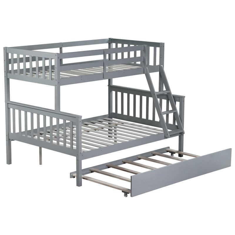 Twin Over Full Rubber Wood Bunk Bed with Trundle, Detachable Design, Guardrail & Reversible Ladder,Grey, Gray