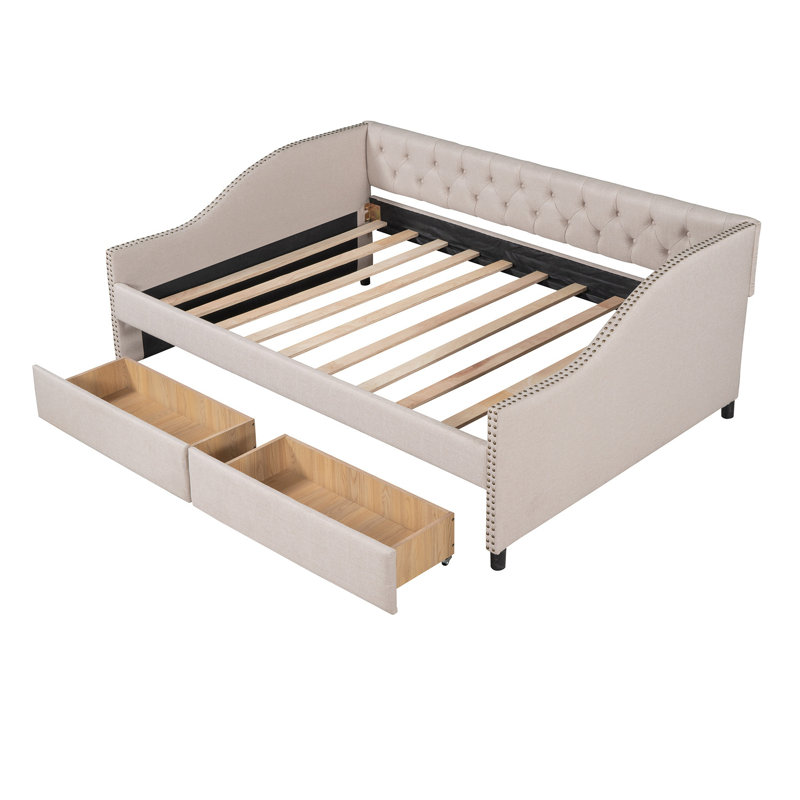 Lit de jour double rembourré avec tiroirs de rangement, support en lattes de bois, lin gris élégant pour la chambre à coucher, beige
