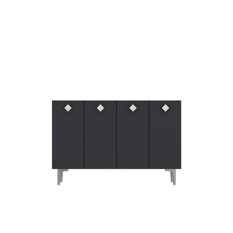 Buffet 4 portes avec poignées carrées et pieds fuselés, Argent / anthracite