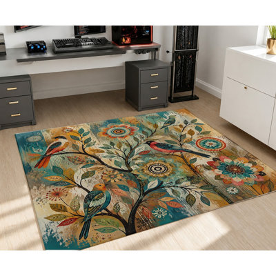 Tapis bohème à motif floral et oiseaux, imprimé nature multicolore vibrant, tapis décoratif de style vintage artistique, tapis de sol antidérapant pour salon, chambre, salle à manger, décoration intérieure