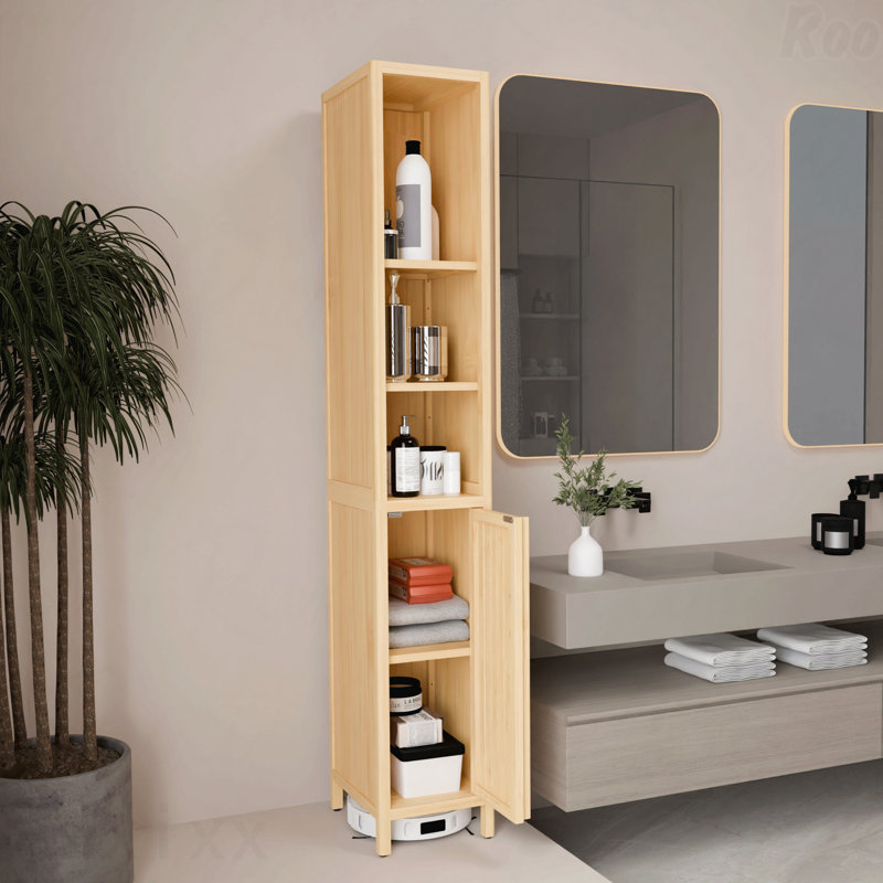 Natural Bamboo Tall Narrow Cabinet, High Capacity Slim Storage For Home
