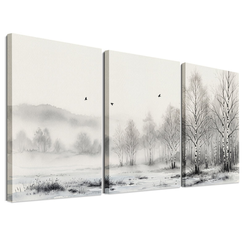 Ensemble de 3 toiles murales représentant des bouleaux noirs et blancs dans une forêt brumeuse, H 18 po x l 12 po x 3 pièces