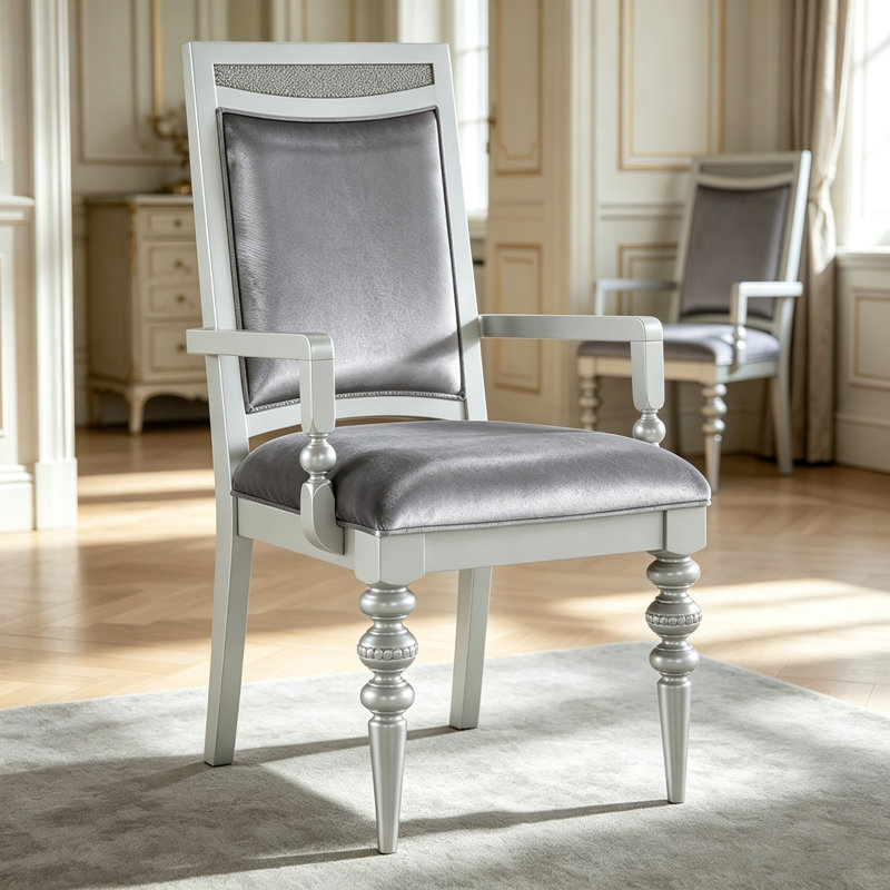 Chaise de salle à manger moderne de luxe avec accoudoirs rembourrés gris argenté