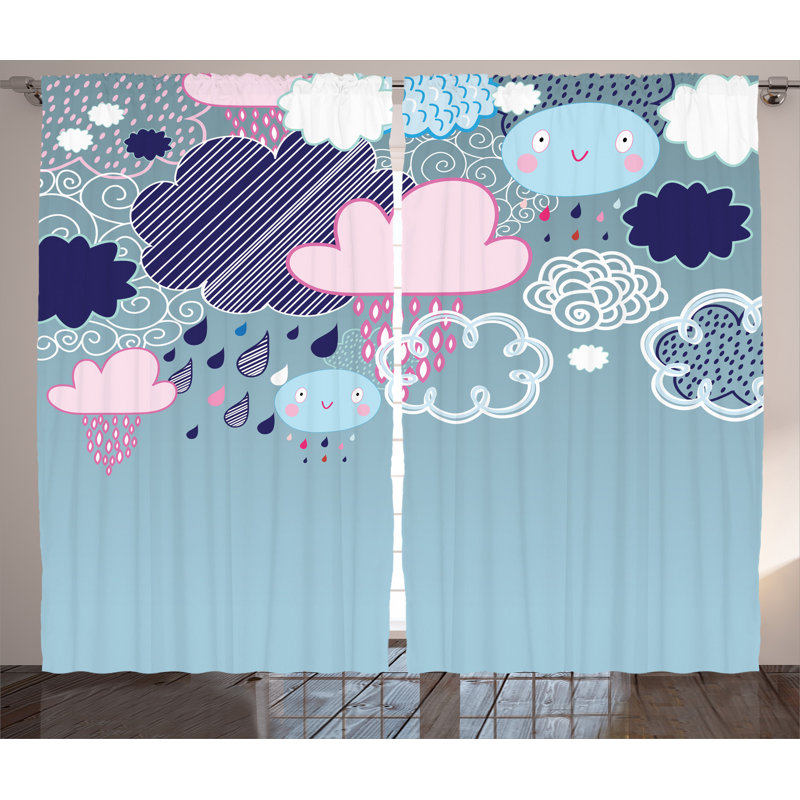 Clouds and Happy Rainy Decor Abstract Semi-Sheer Rod Pocket Curtain Panels, 54" W x 84" L