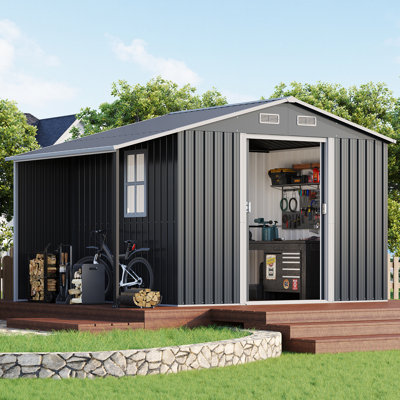 AMERLIFE Outdoor Storage Shed, Metal Shed with Sliding Doors Two 4-Pane Windows, Open Outdoor Shed for Wood Storage