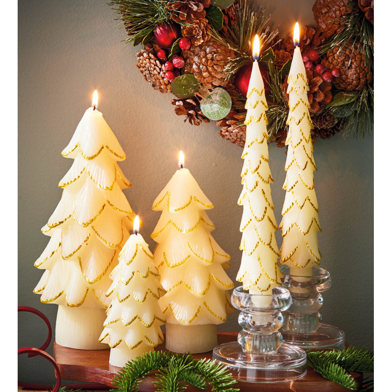 Gilded Pine Tree Candle Lg, 2.5" x 2.5" Novelty, Ivory