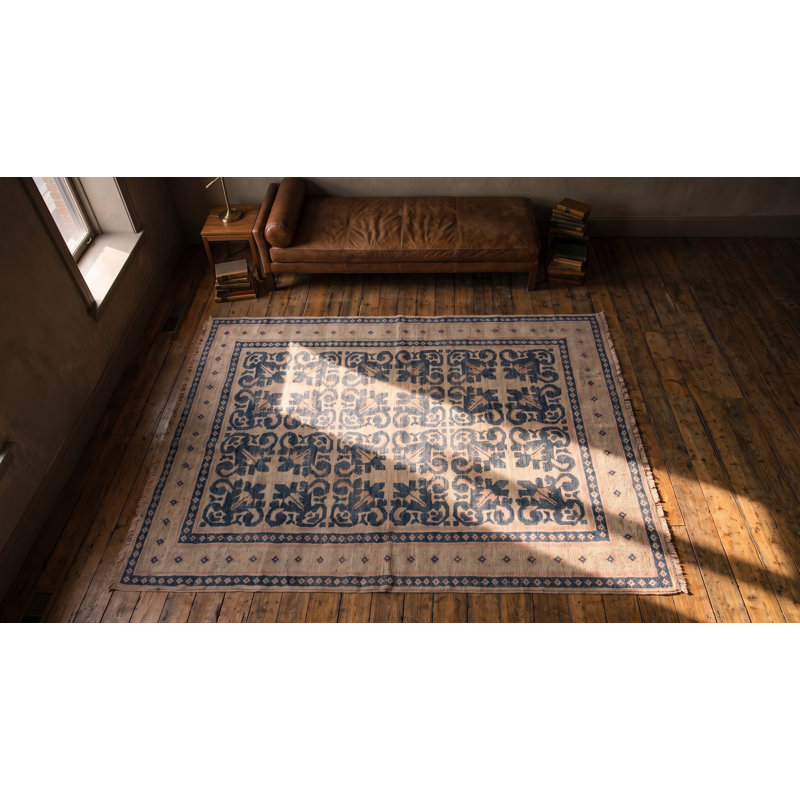 Antique Indian White and Blue Color Geometric Design Cotton Agra Area Rug