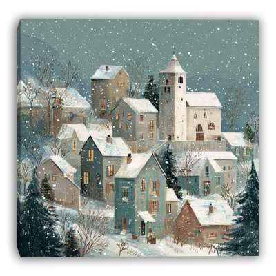 Twilight Mountain Village in Snow Wrapped Canvas Wall Art