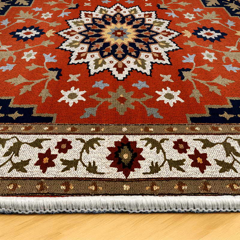 Jazeera Collection Digital Print Cotton-Polyester Orange Floral Rug, Runner 4' x 14'10"