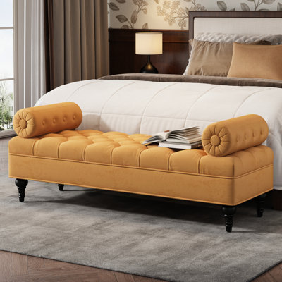 Banc rembourré jaune pour la chambre à coucher, le salon et le vestibule, avec 2 coussins amovibles, design moderne, intérieur en éponge haute densité, repose-pieds à base stable, bout de lit en velours, style élégant,
