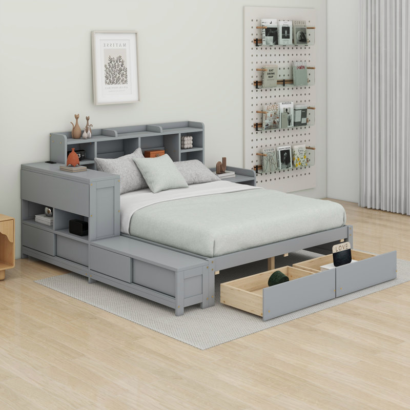 Lit plateforme en bois avec espace de rangement multifonctionnel, table de chevet, tiroirs, ports USB et bureau, Gris