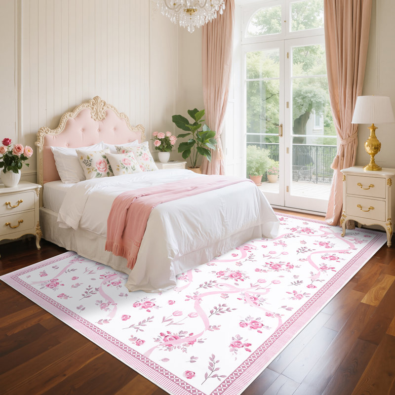 Washable Area Rug Bow Décor, Rectangle 8' x 10', Pink/White