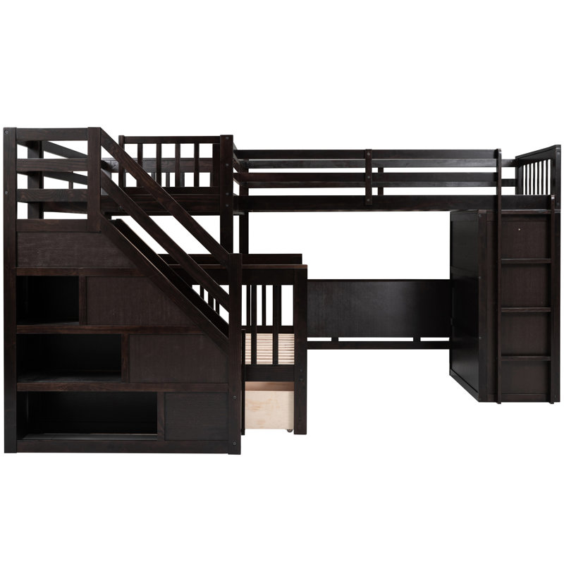 Lit superposé en L au-dessus de double avec 3 tiroirs, bureau portable et garde-robe dans l'espace et mobilier polyvalent pour les familles
