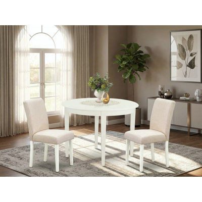3 Piece Kitchen Table Set for Small Spaces Contains a Round Dining Room Table and 2 Light Beige Linen Fabric Upholstered Chairs, 42x42 Inch, Linen White