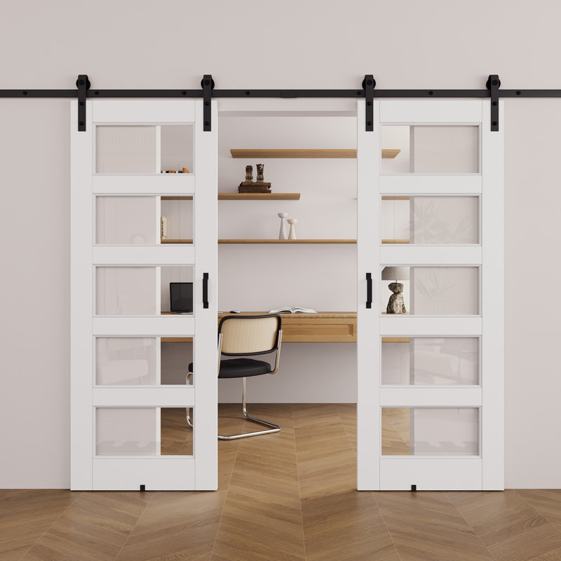 Porte de grange coulissante en verre transparent blanc apprêté 5-Lite avec trousse de quincaillerie d'installation / aucun assemblage requis