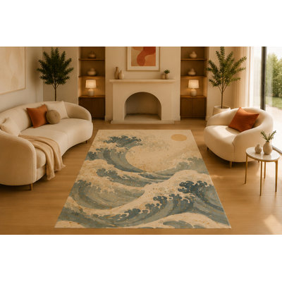 "Ultra Lightweight" 5'x7' Japanese Ocean Waves Area Rug, Soft Low Pile Indoor Rug with Non-Slip Silicone Backing, Decorative Carpet for Living Room, Bedroom, Blue Cream