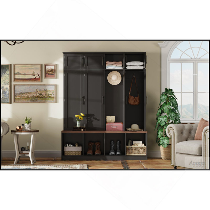 Porte-manteau de style campagnard avec 4 crochets de suspension dissimulés, banc polyvalent en noyer avec 8 portes, meuble à chaussures d'entrée avec compartiment ouvert pour le salon, noir