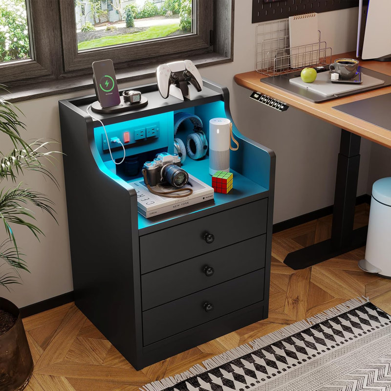 Nightstand With Charging Station And Led Lights,night Stand With Hutch,bedside Table With Drawers,modern End Side Table For Bedroom