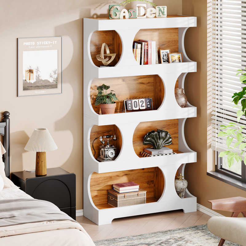 71" Tall Bookcase, 4-Tier S-Shaped Bookshelf, White/Brown