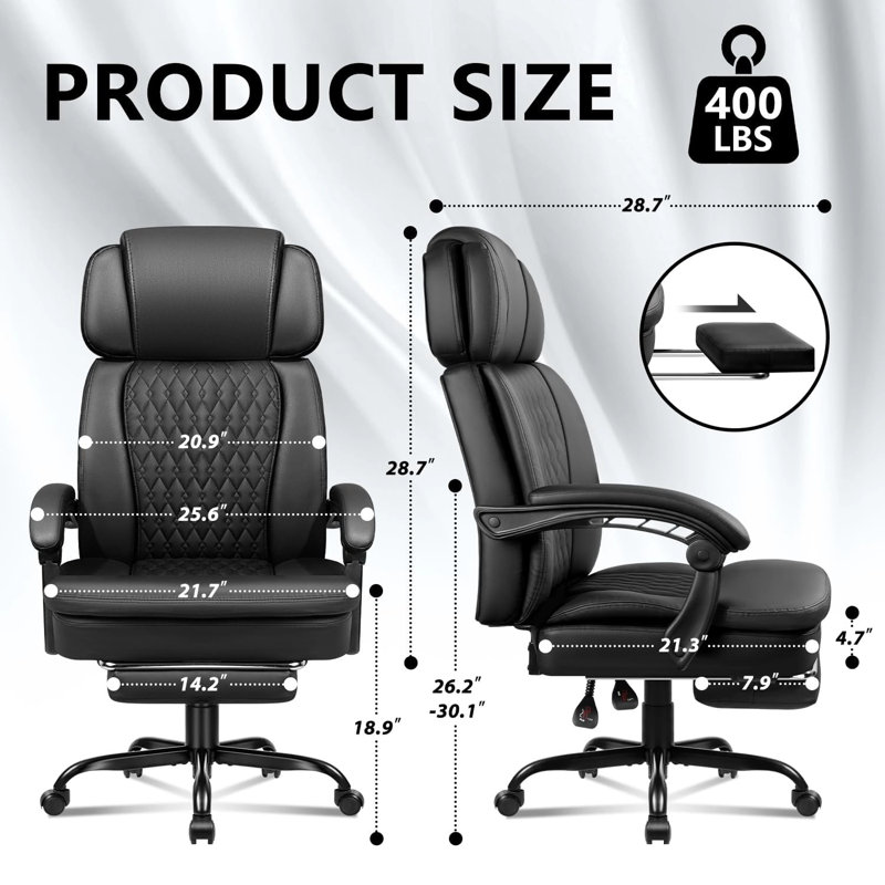 Executive Office Chair With Foot Rest, Ergonomic Heavy Duty Big And Tall Desk Chair, High Back Pu Leather Comfy Computer Chairs, 400lbs