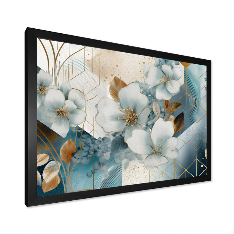 Golden Silky Floral Design I - Art mural sur toile florale, H 12 po x l 20 po, Cadre photo noir