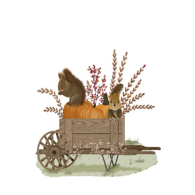 " Squirrels In Pumpkin Wheelbarrow "