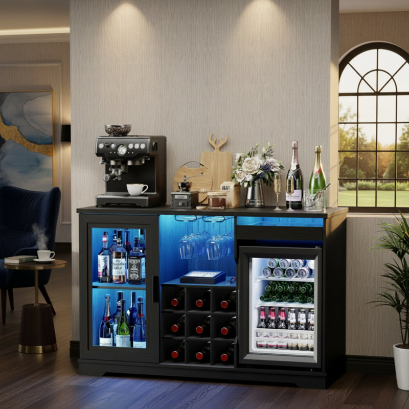 Ce buffet noir et multifonctionnel comprend un mini-réfrigérateur intégré, des lumières DEL, un support à vin et un capteur de mouvement. Il offre un grand espace de rangement et convient à la cuisine et à la salle à manger.