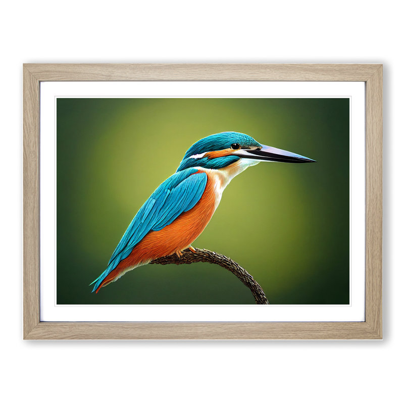 Dynamic Kingfisher Bird 1 Piece Single Picture Frame Painting, 25cm H x 34cm W x 2cm D, Oak