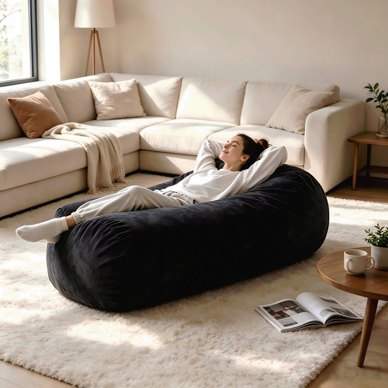 6.5 Foot Suede Cylindrical Bean Bag, Black, Black Microfiber