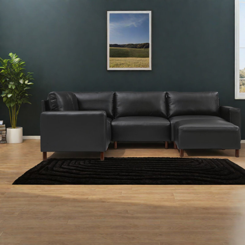 Canapés modulaires modernes en cuir noir, spacieux canapé modulaire avec repose-pieds pour la maison