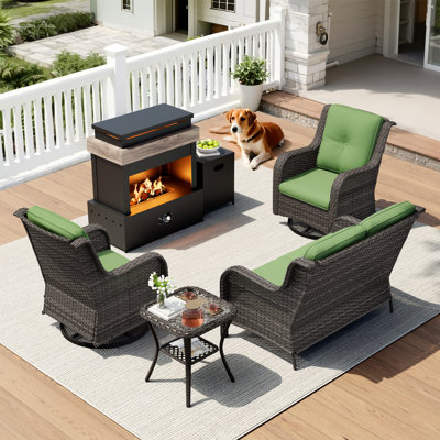 Ensemble de conversation en rotin pour 4 personnes avec foyer 5000BTU, table basse et coussins verts