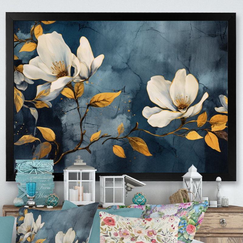 Jaune, gris, magnolia, nature, élégance II, H 30 po x l 40 po x P 1,5 po, Cadre photo noir