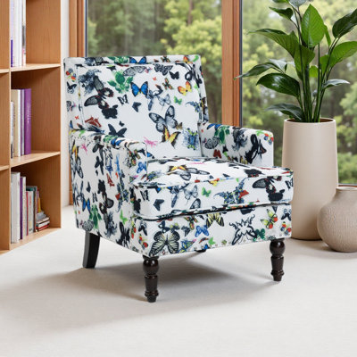 Chaise d'appoint rembourrée, tissu de lin en porcelaine à imprimé rétro et garniture cloutée pour le salon
