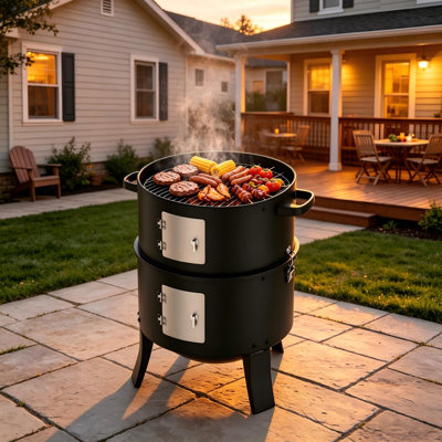 Barbecue fumoir vertical 3 en 1 au charbon de bois avec une surface de cuisson de 400 pouces carrés, barbecue portatif noir