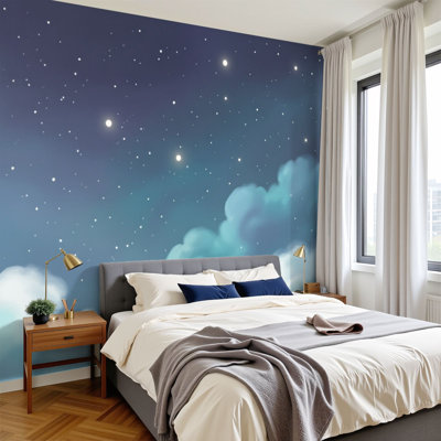 Boho Peel and Stick Wallpaper Starry Night Sky Soft Clouds Gentle Gradient Wall Murals 100"H x 144"W Removable PVC Wall Paper Self-Adhesive Wall Decor for Nursery Classroom Kids Bedroom Living Room