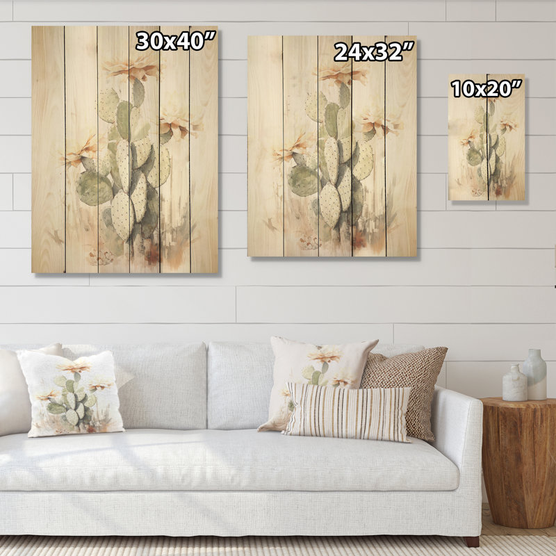 Minimalisme beige et vert Cactus I - Cactus en bois sur bois de pin naturel, H 40 po x l 30 po